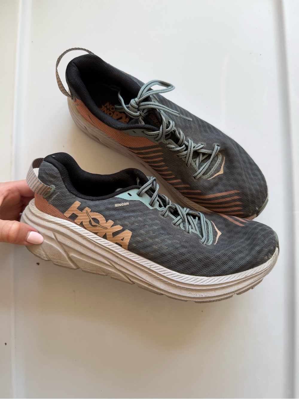 Hoka Women's Rincon Trail Running Shoes Sneakers Gray with Peach Accents 8.5